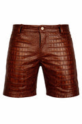Men’s brown crocodile embossed leather shorts with belt loops and back pockets