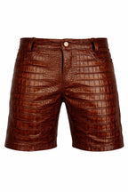 Men’s brown crocodile embossed leather shorts with belt loops and back pockets