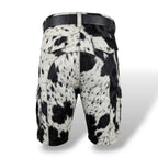 Men’s western hair-on leather cargo shorts in black and white cow print hide