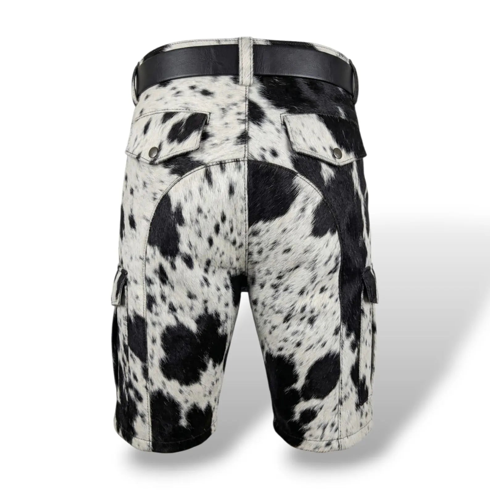 Men’s western hair-on leather cargo shorts in black and white cow print hide