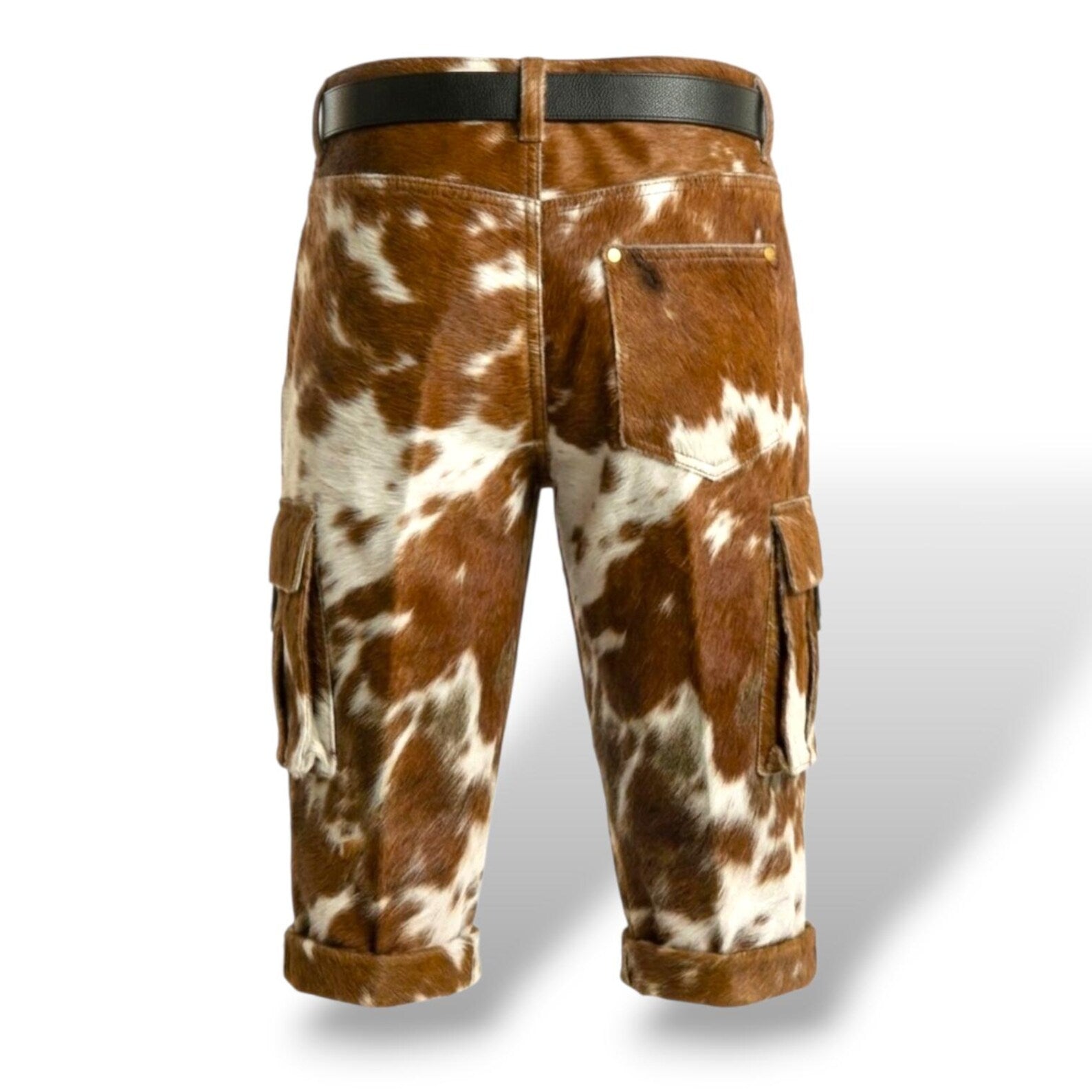Men’s cowhide leather shorts with hair-on finish, belt loops and cargo pockets