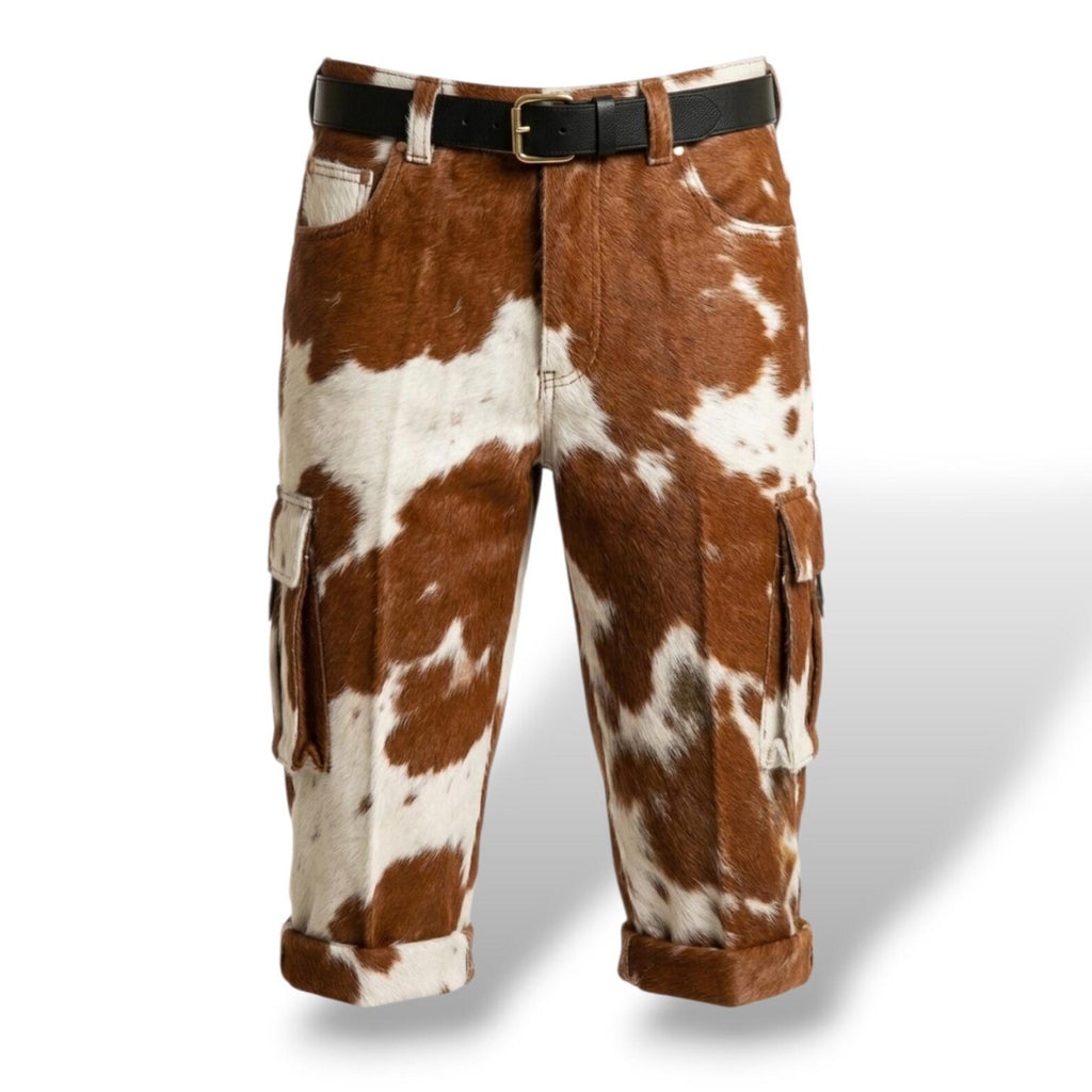 Men’s brown and white hair-on leather cargo shorts with side pockets