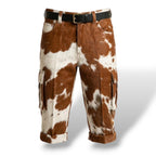 Men’s brown and white hair-on leather cargo shorts with side pockets