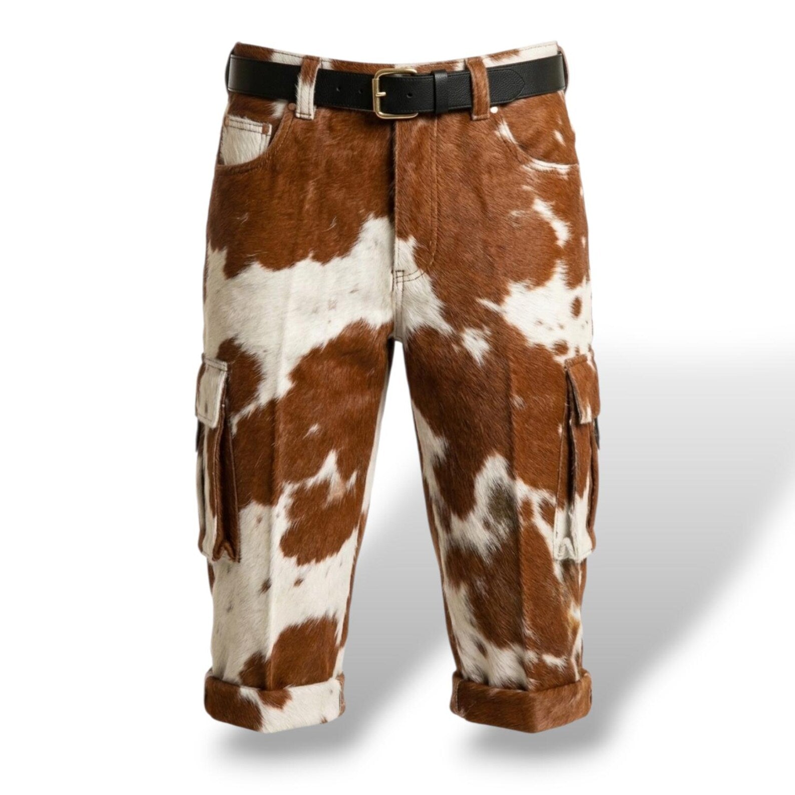 Men’s brown and white hair-on leather cargo shorts with side pockets