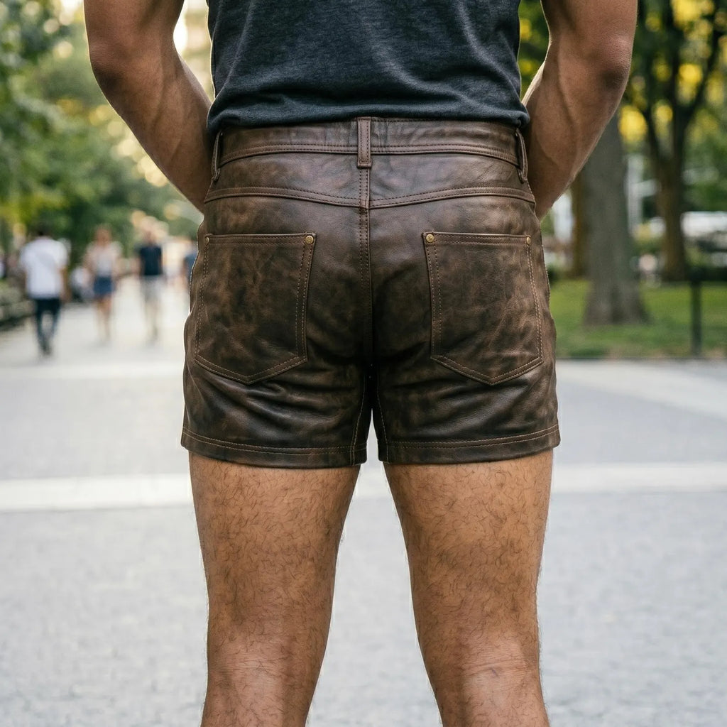 Men’s handmade cowhide leather shorts for biker, streetwear and casual outfits
