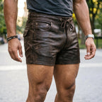 Men’s brown leather biker shorts in cowhide with drawstring waist and pockets