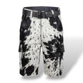 Men’s black and white hair-on cowhide leather cargo shorts with side pockets