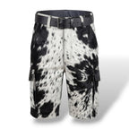 Men’s black and white hair-on cowhide leather cargo shorts with side pockets