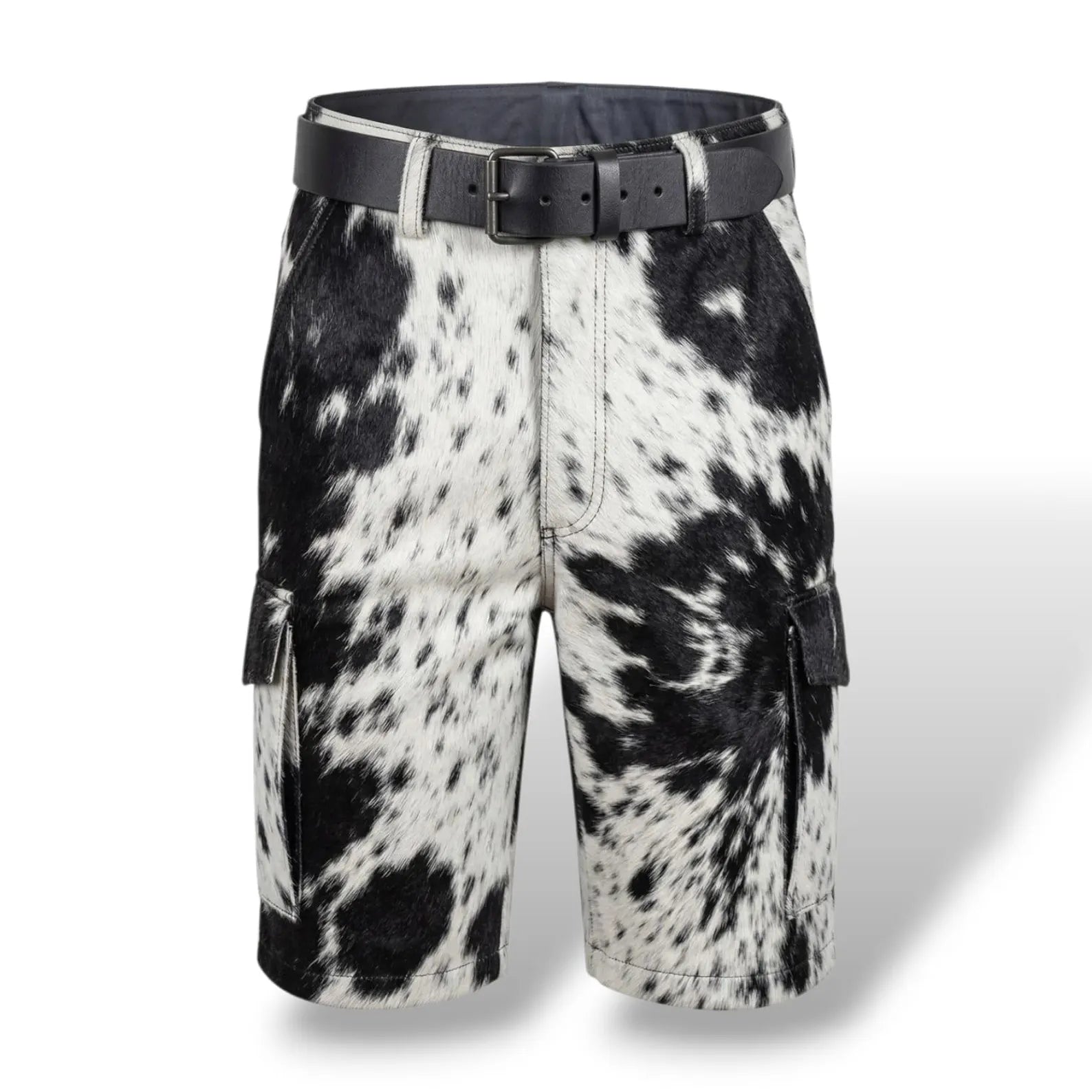 Men’s black and white hair-on cowhide leather cargo shorts with side pockets