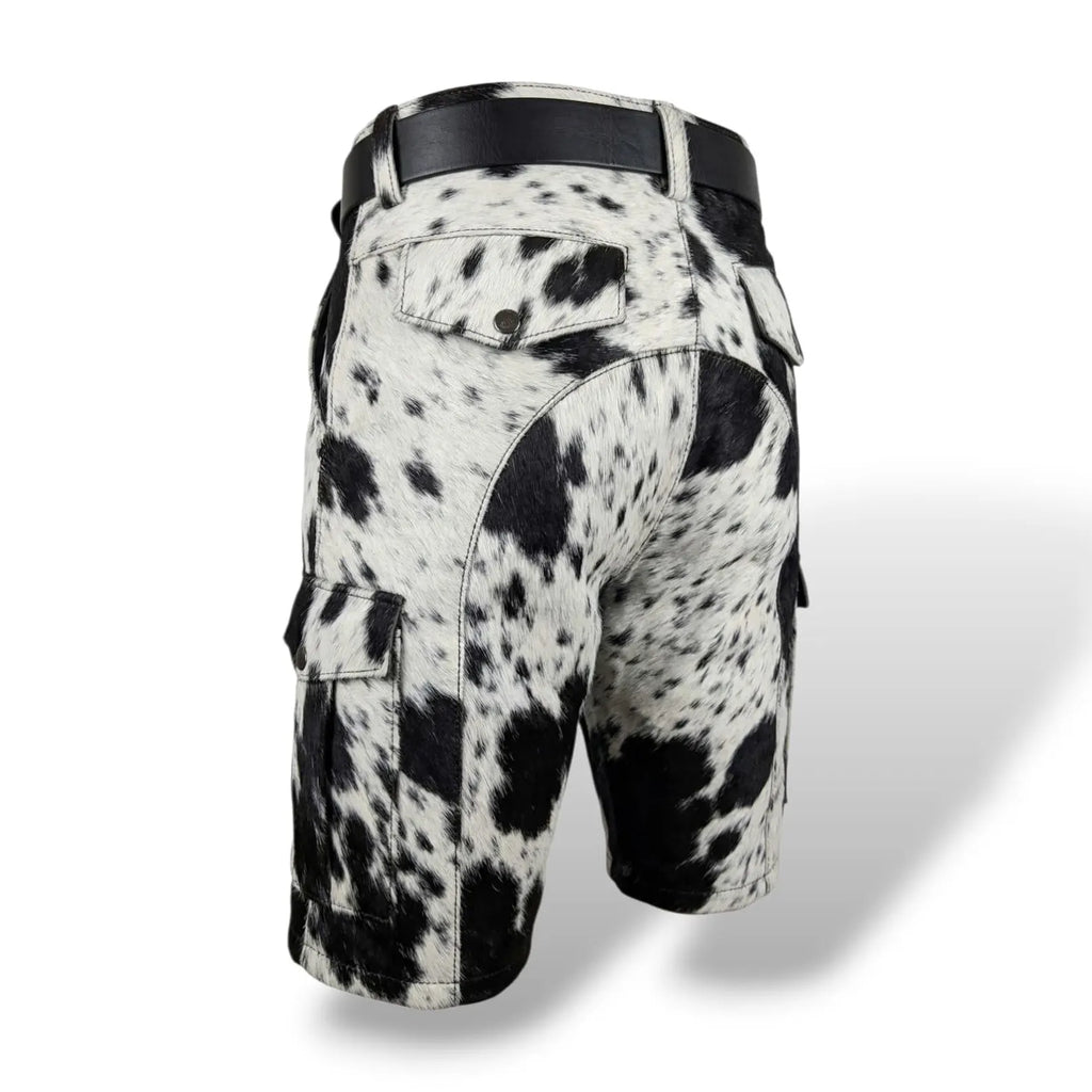 Men’s cowhide leather shorts with black white hide pattern and belt loops