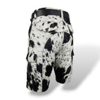 Men’s cowhide leather shorts with black white hide pattern and belt loops