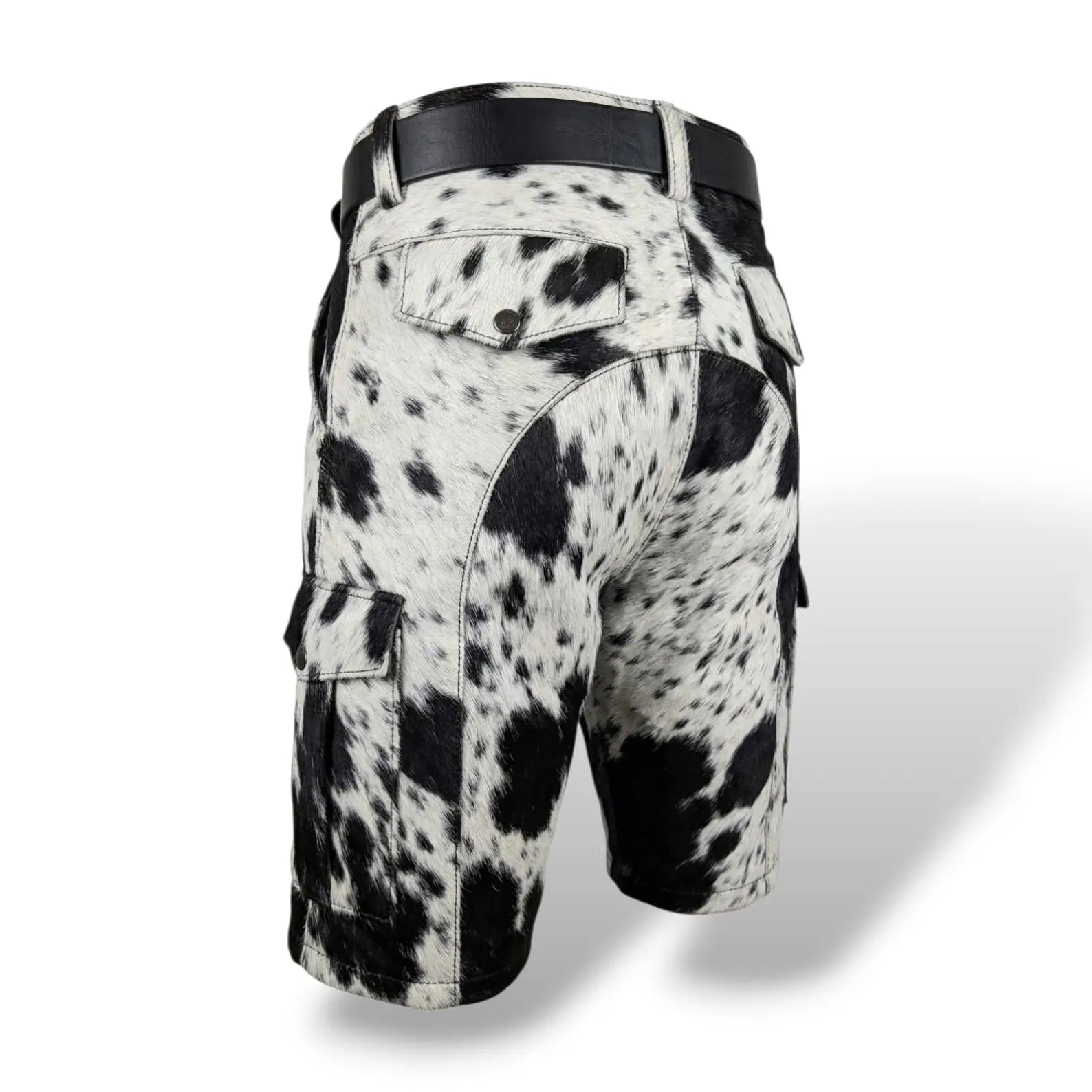 Men’s cowhide leather shorts with black white hide pattern and belt loops