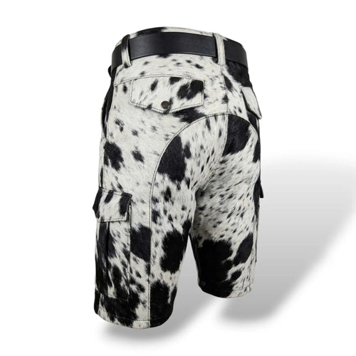Men’s cowhide leather shorts with black white hide pattern and belt loops