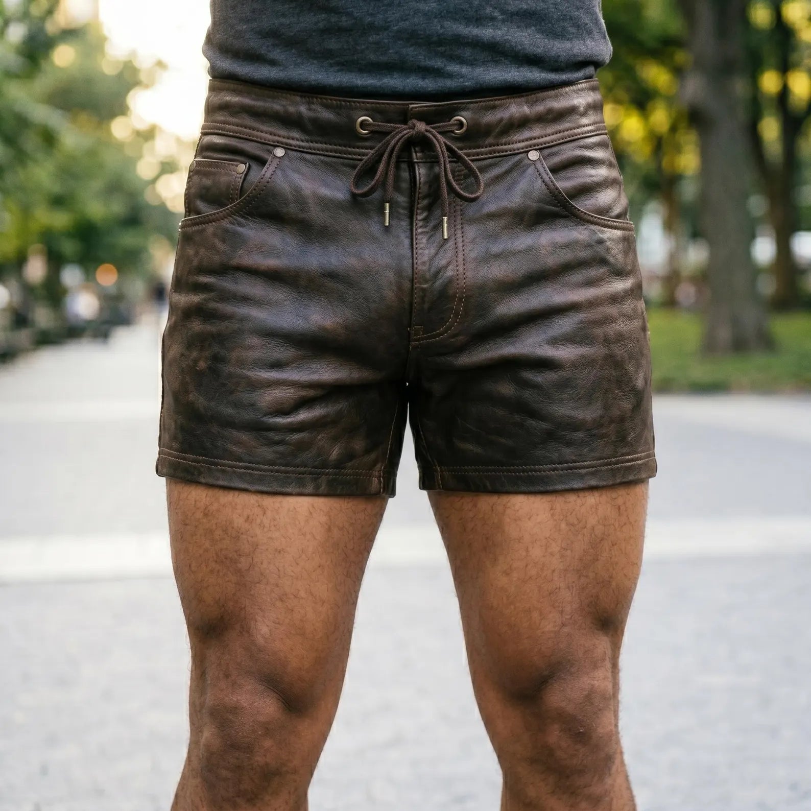 Handmade men’s brown cowhide leather shorts with mid thigh biker fit