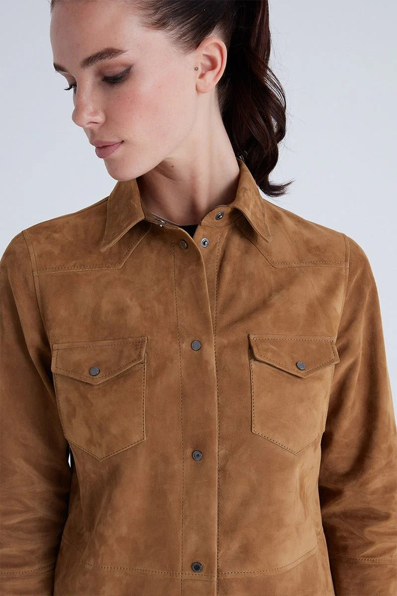 Women’s suede leather overshirt with refined texture and modern feminine fit