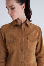 Women’s suede leather overshirt with refined texture and modern feminine fit