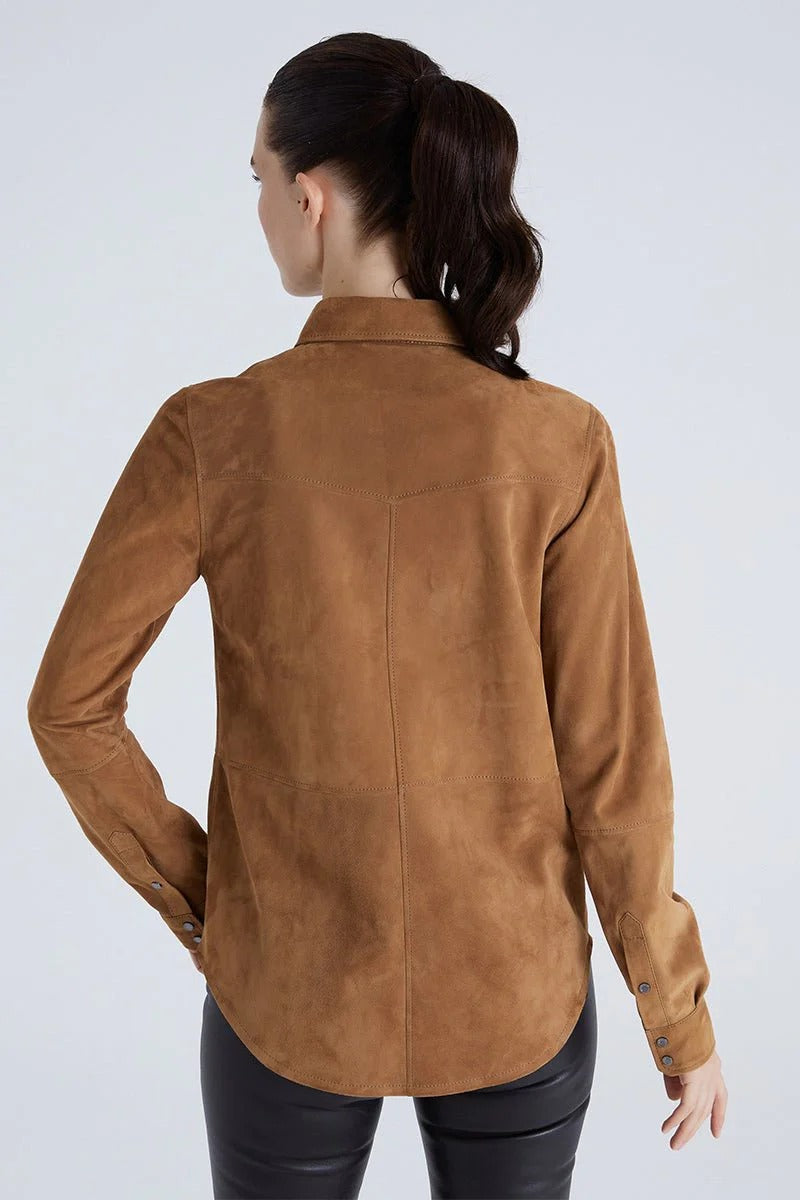 Women’s soft suede leather button-up shirt for smart casual outfits