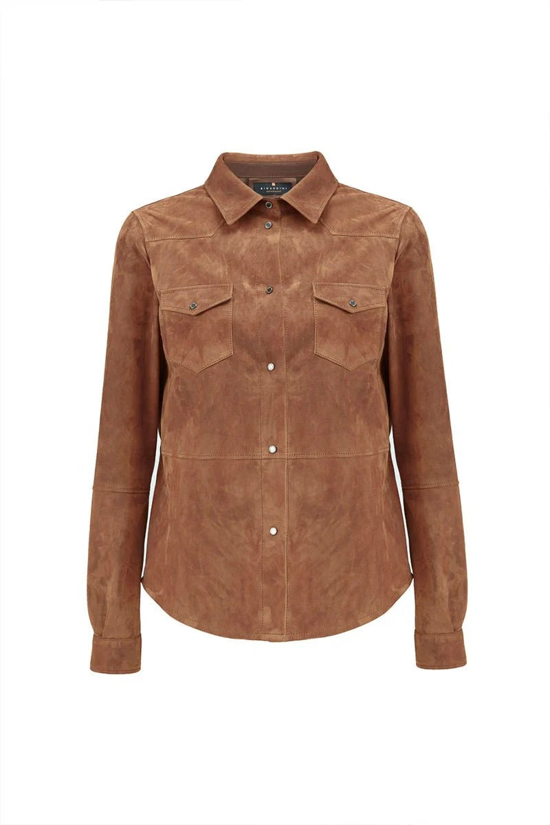 Women’s suede leather shirt with soft texture and premium casual styling