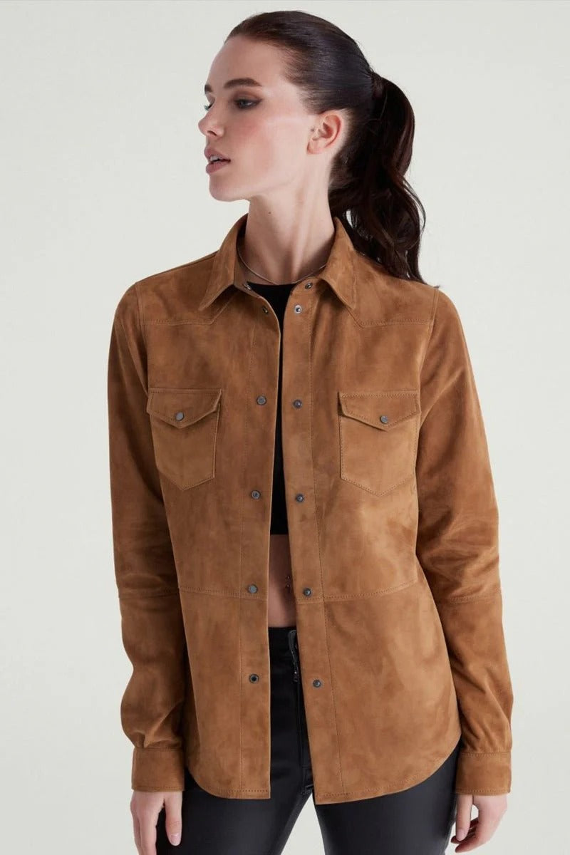 Women’s suede leather shirt with soft texture and premium casual styling