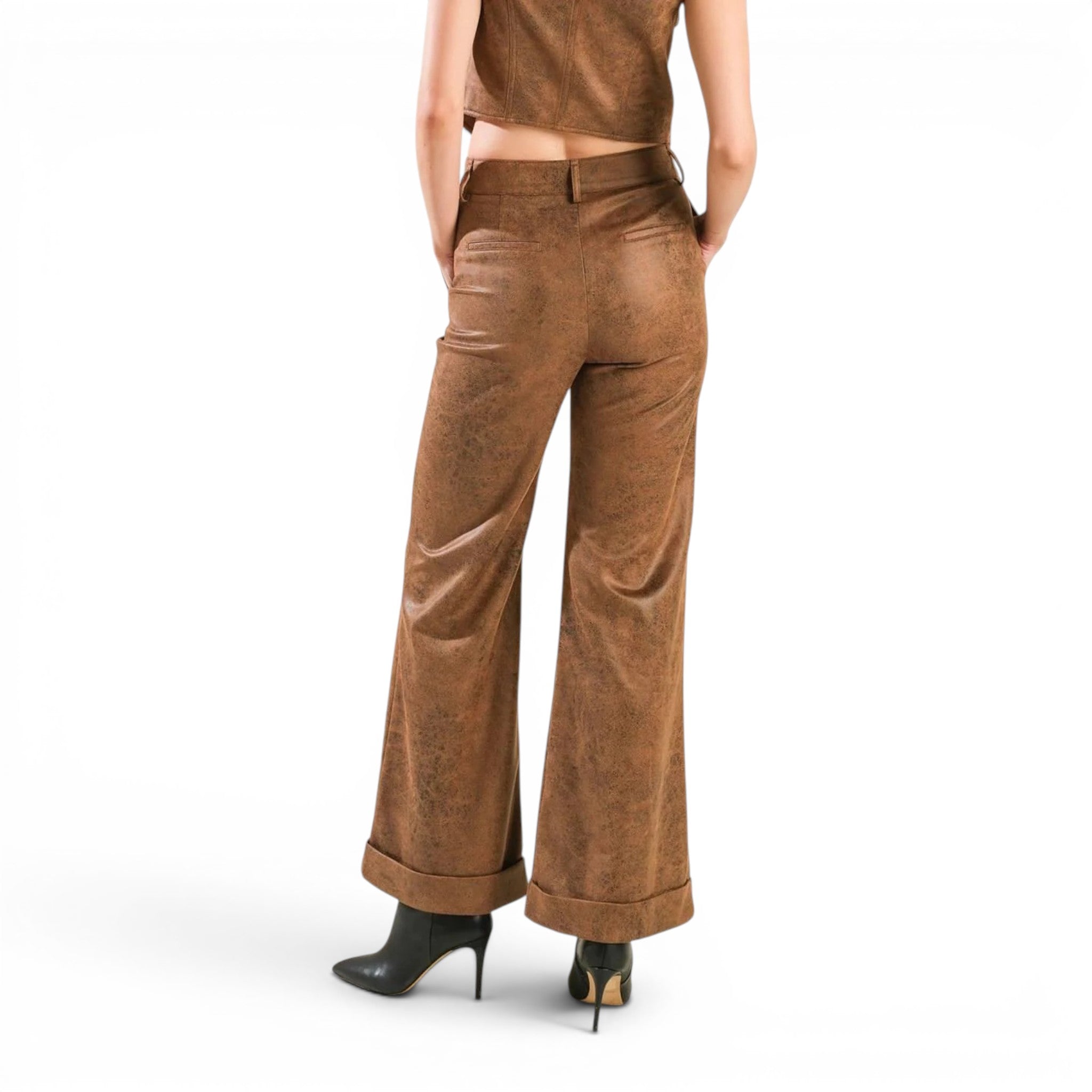 Women’s brown leather trousers with waxed finish and relaxed wide leg shape
