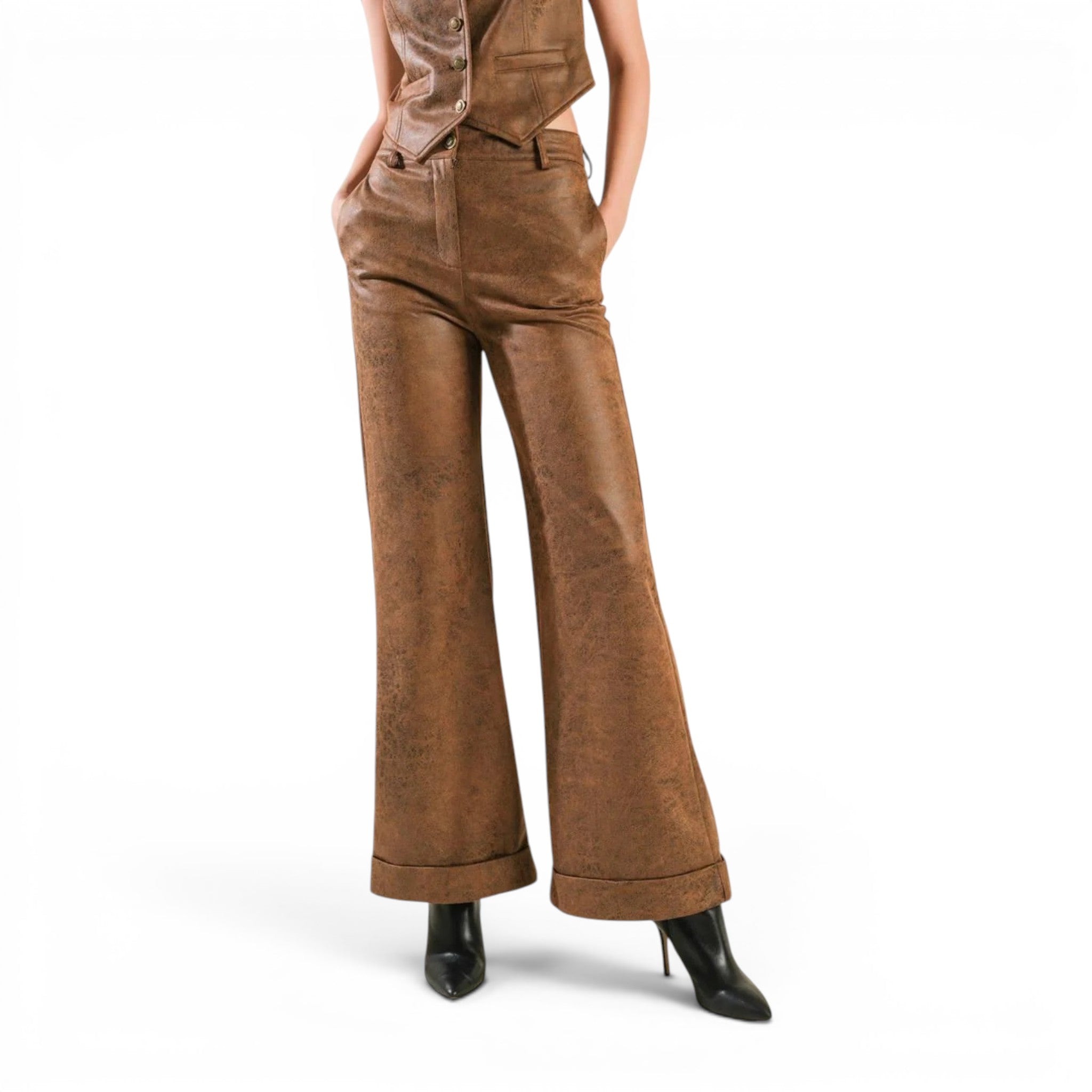 Women’s brown waxed leather pants with wide leg fit and high waist