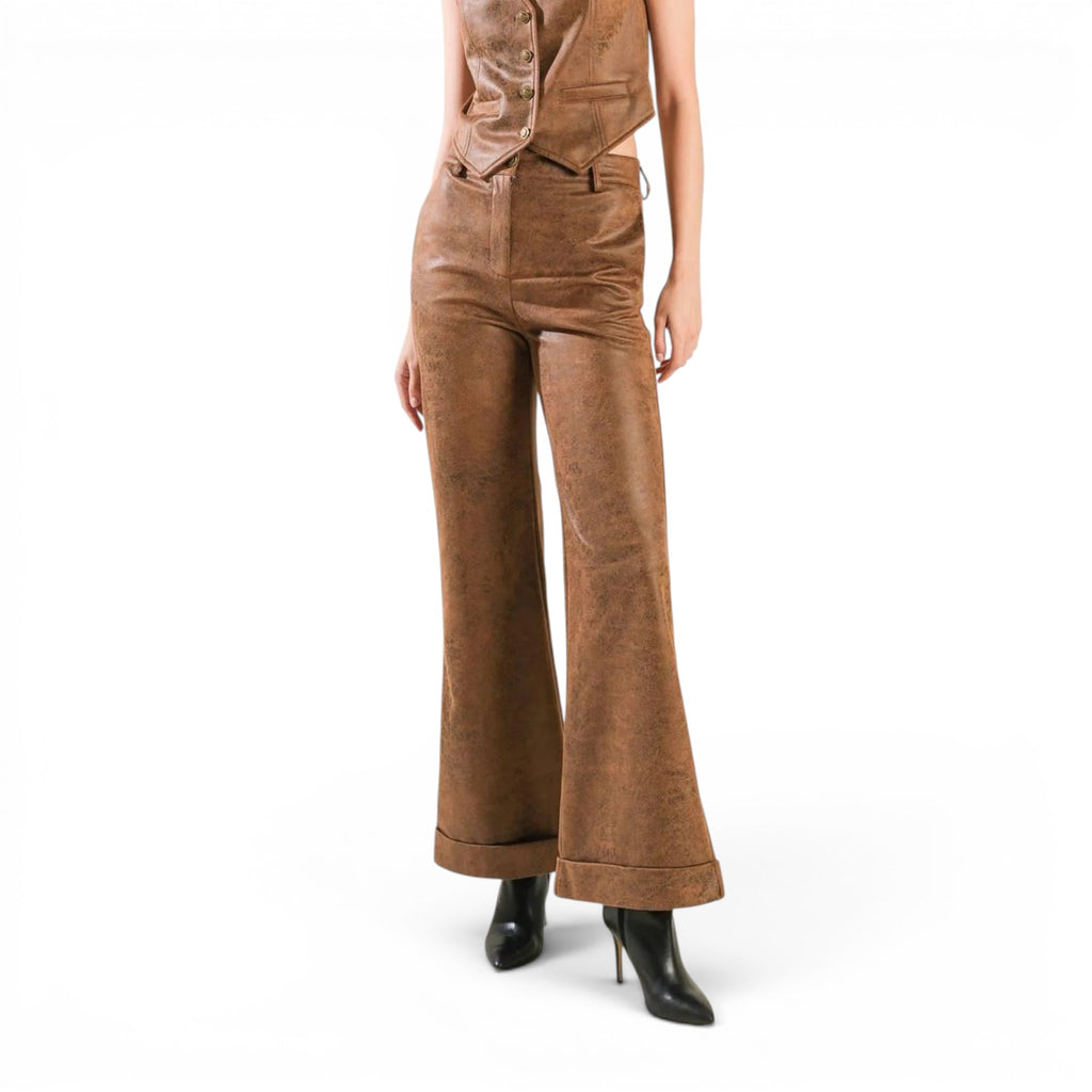 Women’s high-waist waxed leather pants in brown with cuffed hem styling