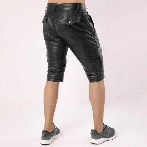 Men’s genuine leather cargo shorts in black with biker fit and belt loops