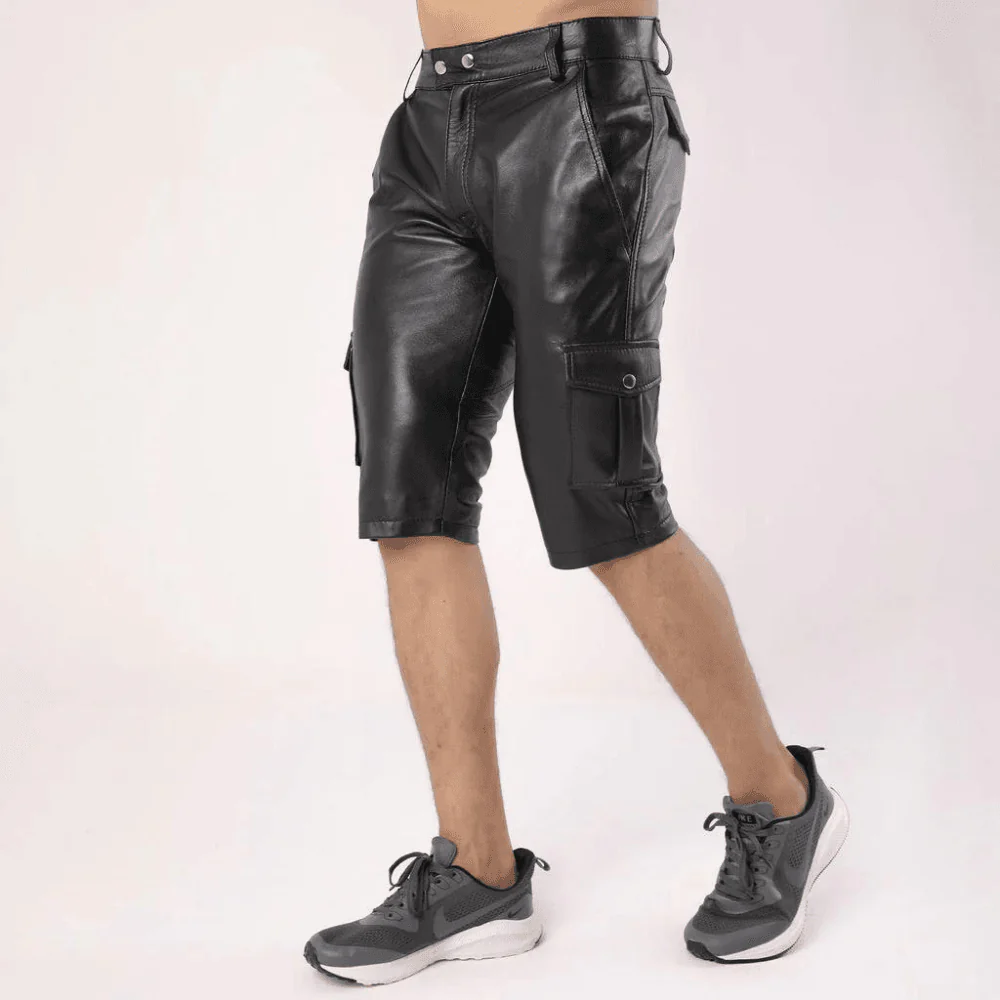 Men’s black leather biker shorts with utility pockets for streetwear outfits