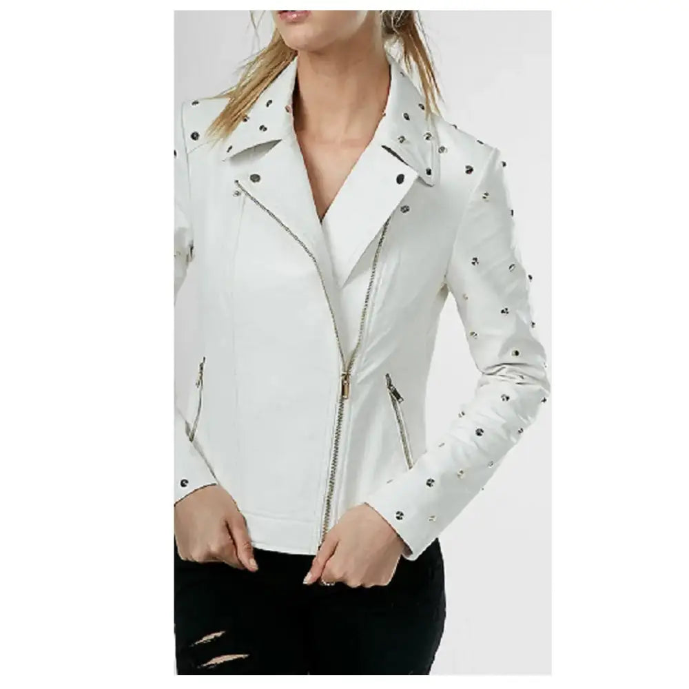 Womens White Studded Leather Jacket - Riders Republic UK