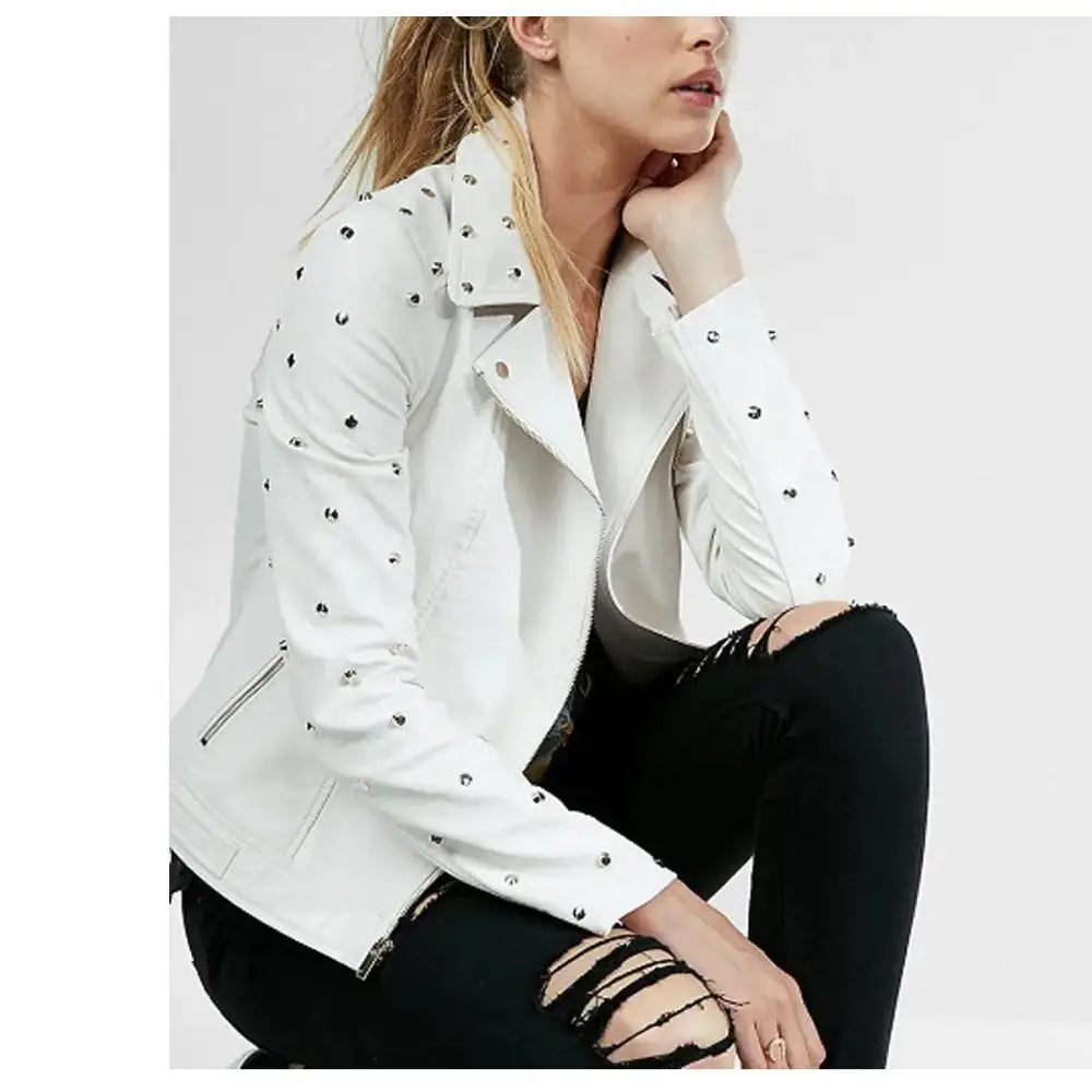 Womens White Studded Leather Jacket - Riders Republic UK