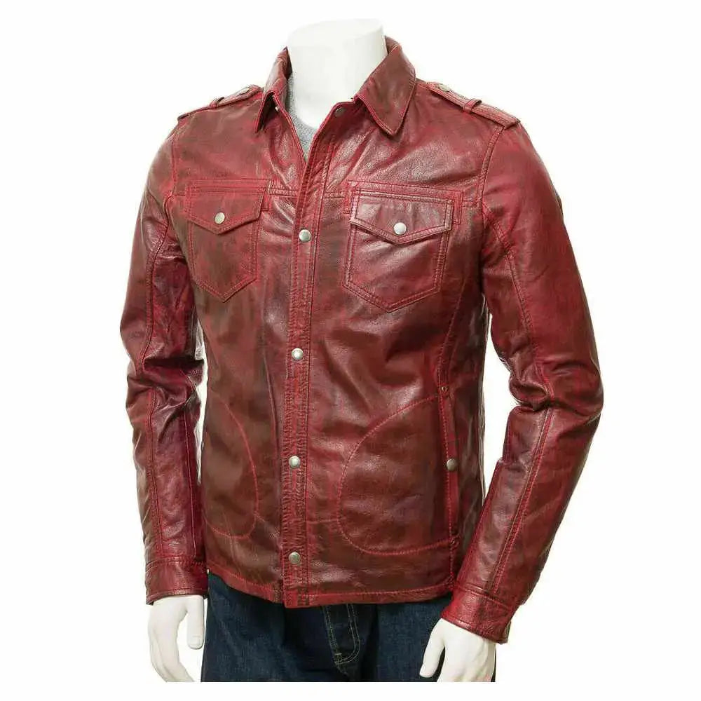 Red leather biker shirt for men with long sleeves