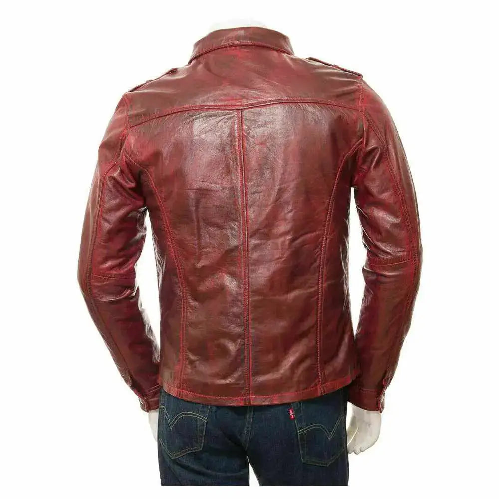 Men’s red leather button shirt with bold biker styling