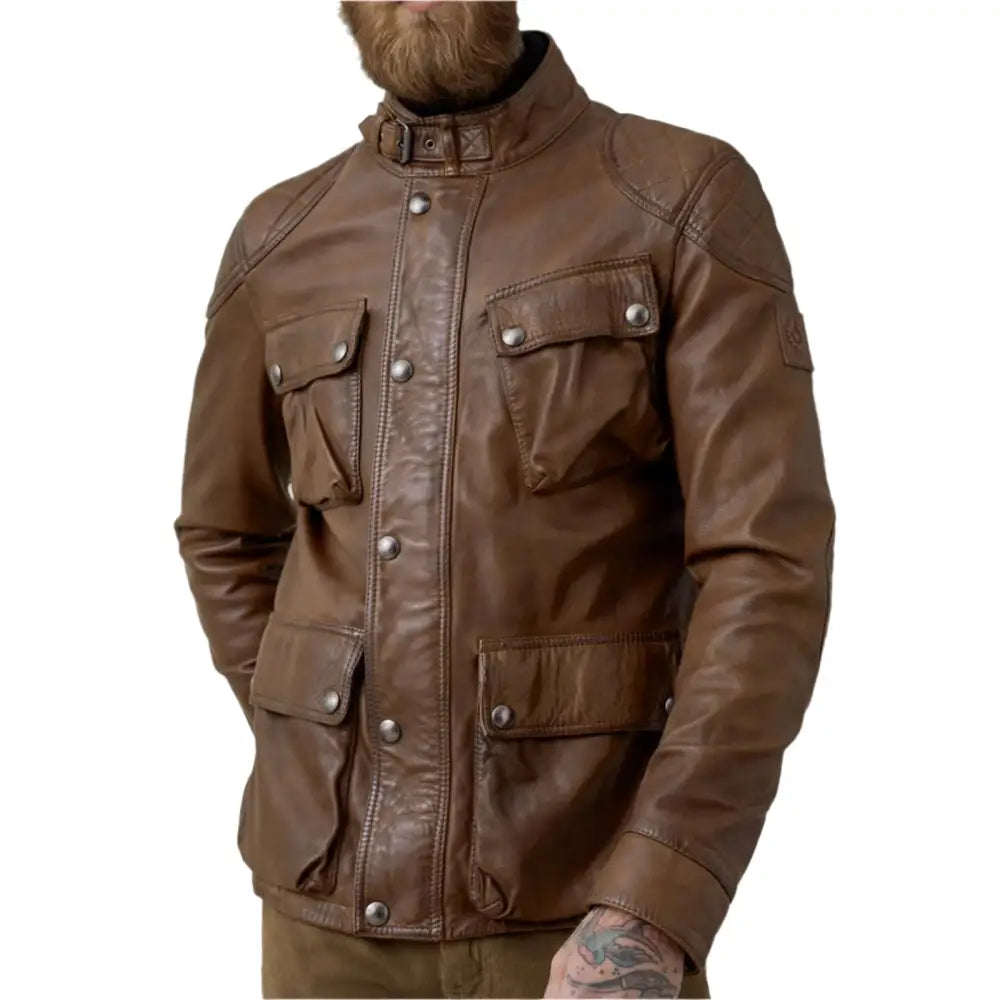 Walnut Lambskin Leather Field Jacket for Men - Riders Republic UK