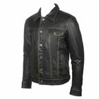 Men’s genuine black leather dress shirt with classic collar and long sleeves