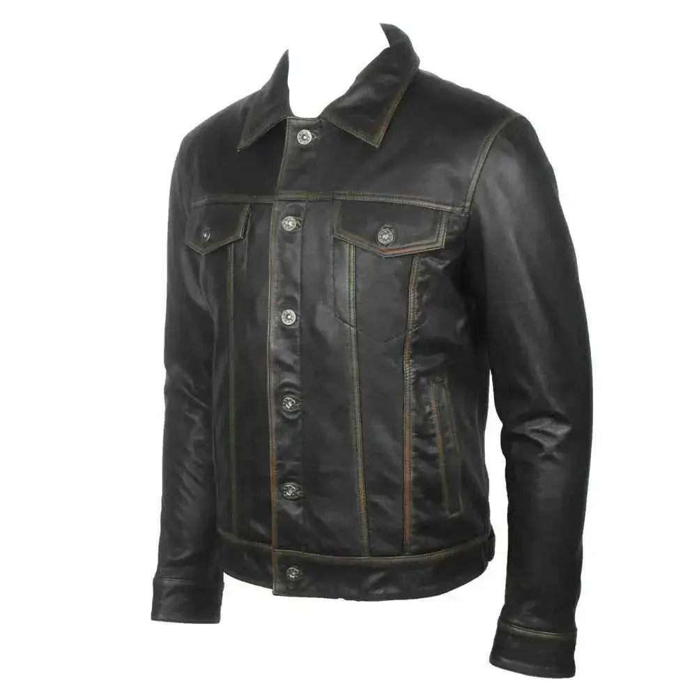 Men’s genuine black leather dress shirt with classic collar and long sleeves