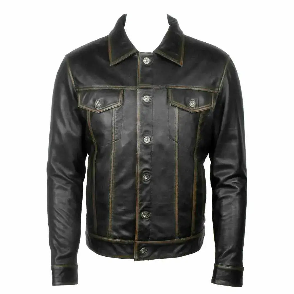 Men’s long sleeve classic black leather shirt with button up closure