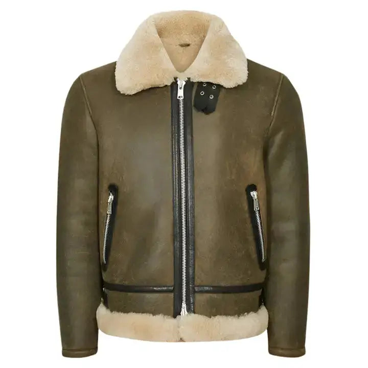 Mens Army Green Shearling Aviator Jacket - Riders Republic UK