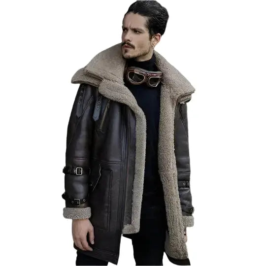Men’s B3 flight shearling aviator long coat with warm fur styling