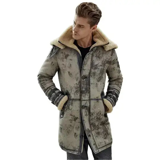 Men’s B3 RAF sheepskin shearling leather long flight jacket with aviator styling