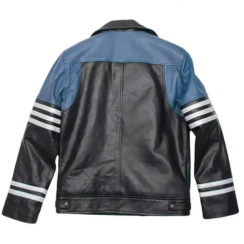 Mens Black and Blue Leather Biker Jacket - Riders Republic UK