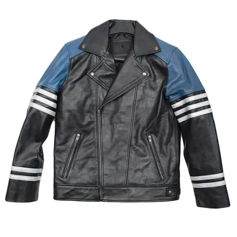 Mens Black and Blue Leather Biker Jacket - Riders Republic UK
