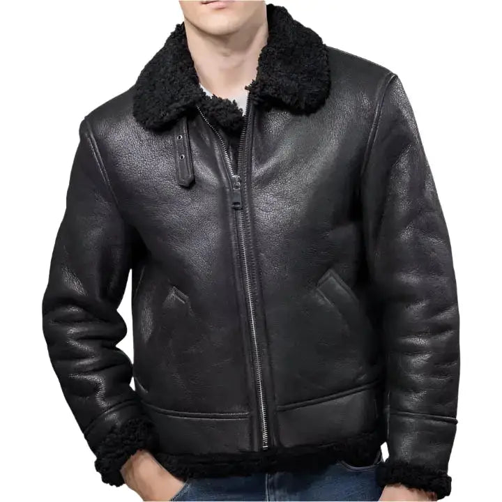 Mens Black Aviator B3 Shearling Leather Jacket - Riders Republic UK