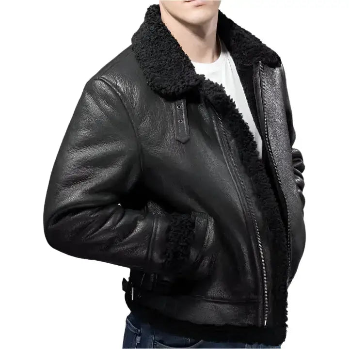 Mens Black Aviator B3 Shearling Leather Jacket - Riders Republic UK