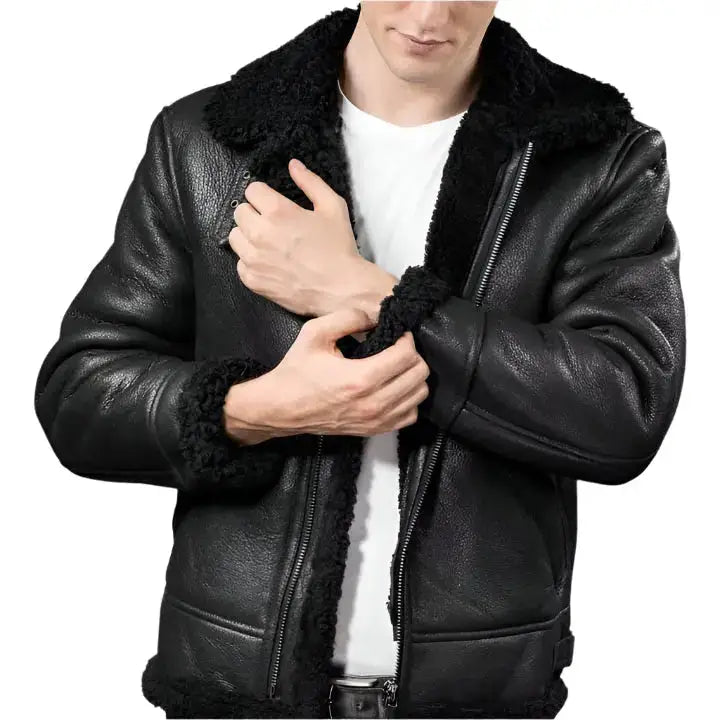 Mens Black Aviator B3 Shearling Leather Jacket - Riders Republic UK