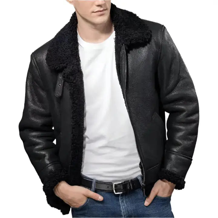 Mens Black Aviator B3 Shearling Leather Jacket - Riders Republic UK