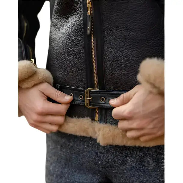 Black Mens Aviator Sheepskin Leather Jacket - Riders Republic UK