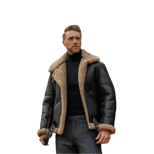 Black Mens Aviator Sheepskin Leather Jacket - Riders Republic UK