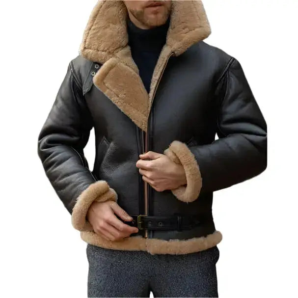 Black Mens Aviator Sheepskin Leather Jacket - Riders Republic UK