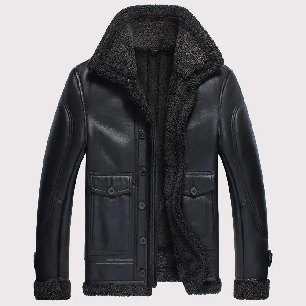 Men’s black B-3 flight shearling jacket with short winter coat styling