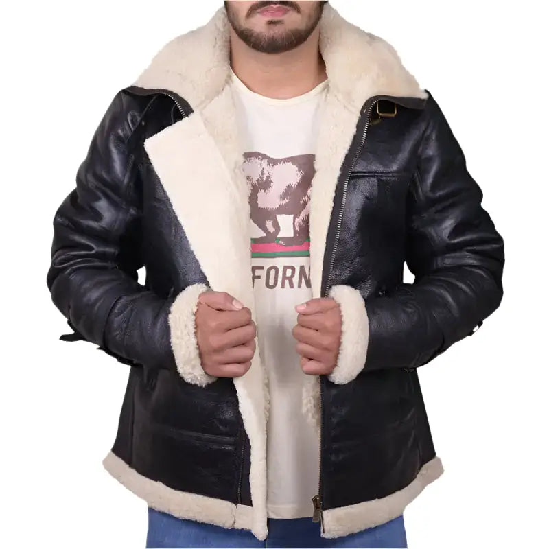 Mens Black B3 Bomber Aviator Shearling Leather Jacket - Riders Republic UK